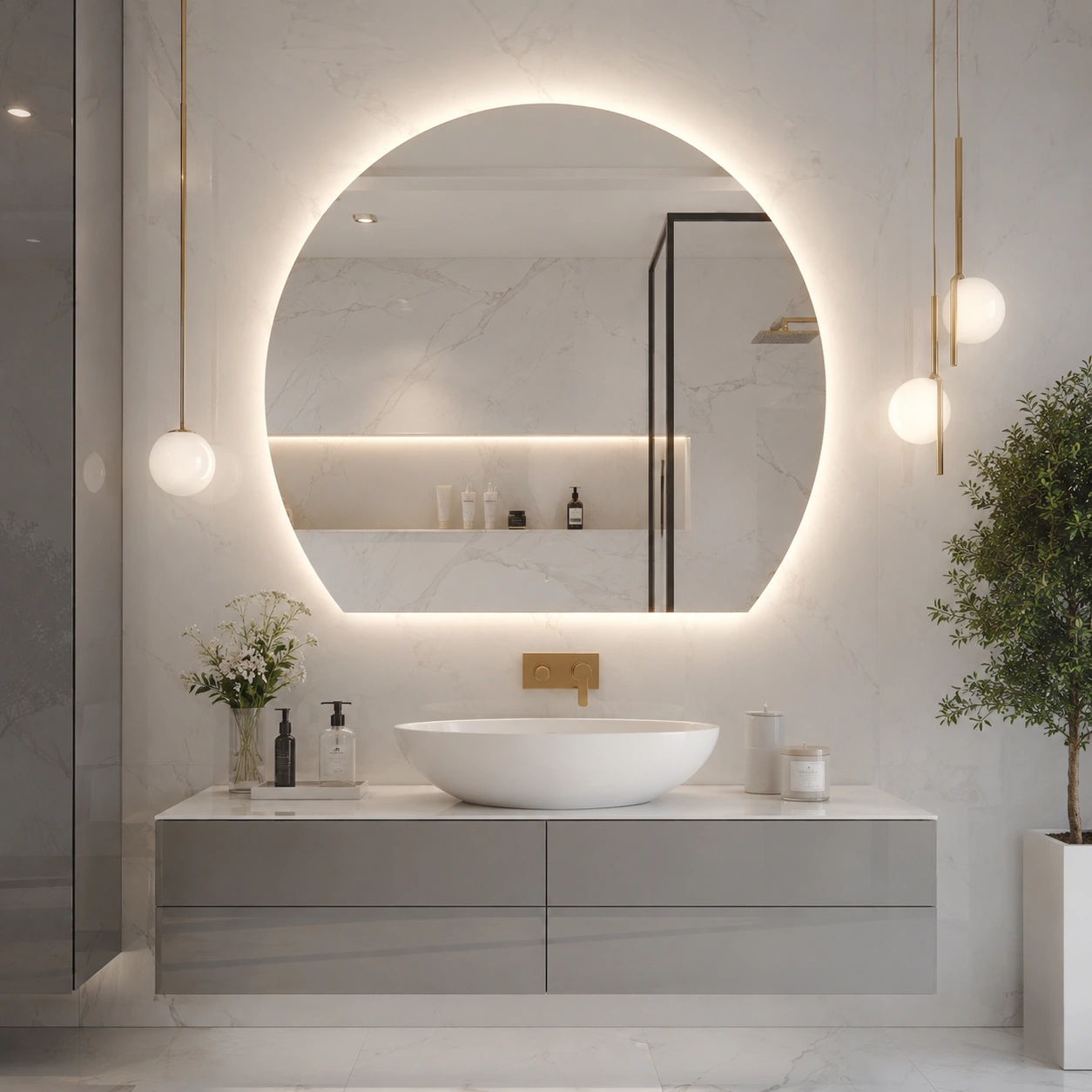Three-Quarter Circle Mirror with Back LED Lighting