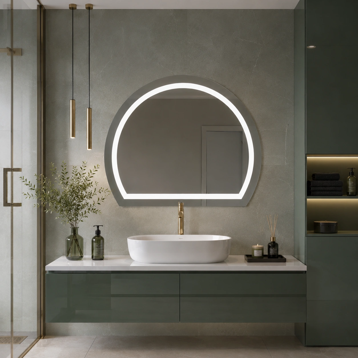 Three-Quarter Circle Mirror with Front LED Lighting